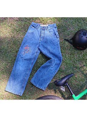 Y2K Youth Paco Jeans Medium Wash Embroidered Sz 14 BMX Carpenter Champions Sport